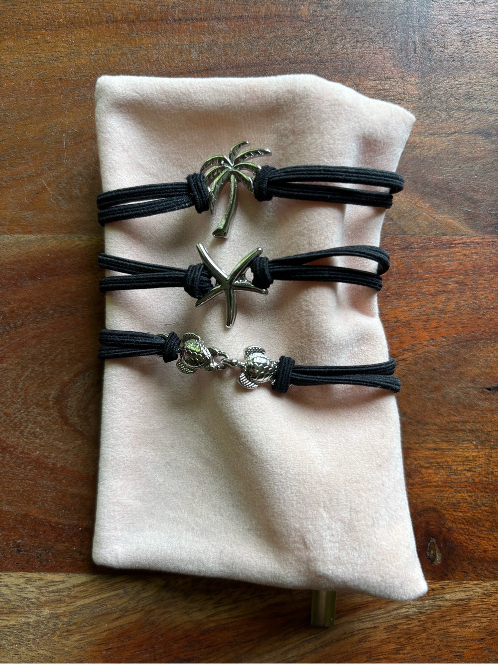 Black Elastic Bracelet Set with Silver Tropical beach Charms